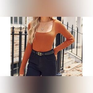 Elegant Rust Ribbed Knit Blouse